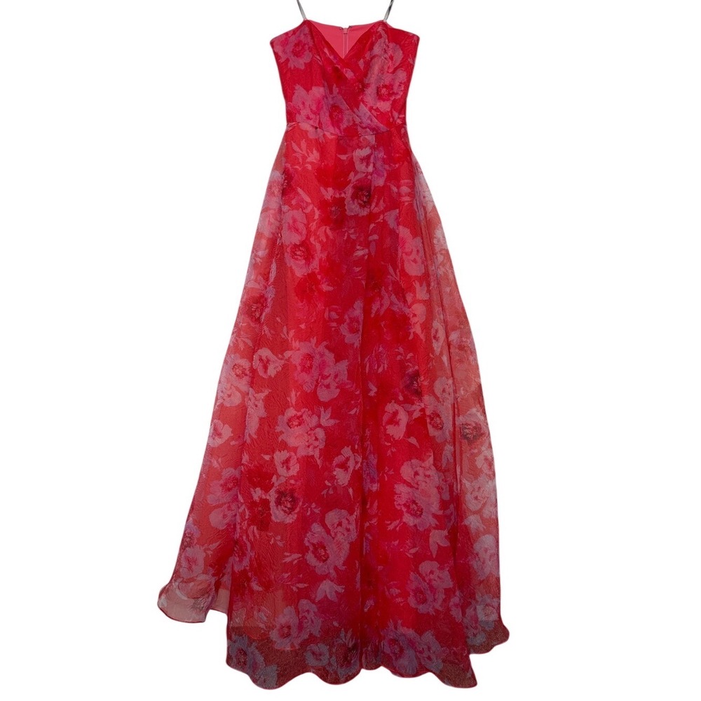ML Monique Lhuillier Floral Organza Ball Gown Coral Pink Red Formal Dress Size 4